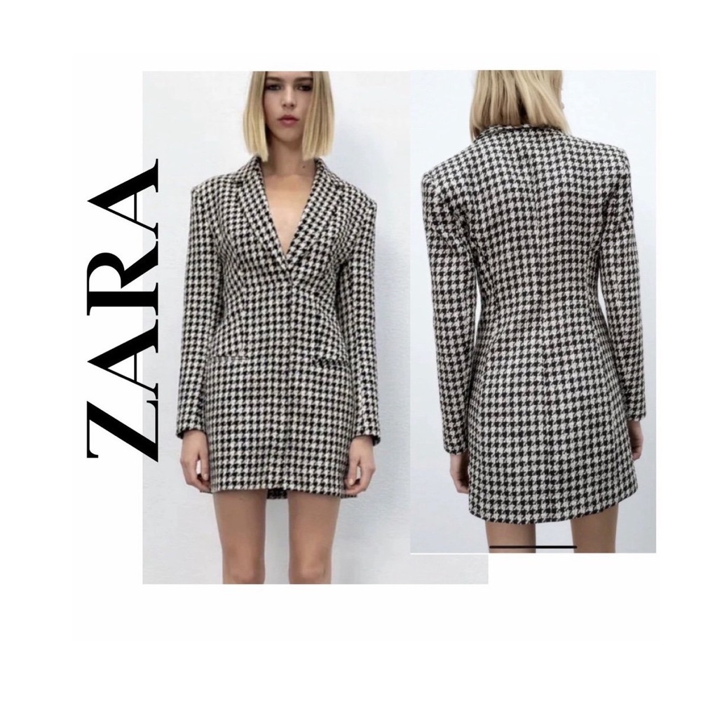 Zara Black White Houndstooth Blazer Mini Dress Small Tweed Side Zip Lined Retro